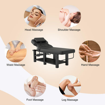Heavy Duty Stationary Massage Table with Adjustable Backrest, Wide Spa Facial Bed with Metal Frame & PU Leather, Professional Massage Therapy Bed for Spa Salon Tattoo Physical Therapy Clinic (Black)