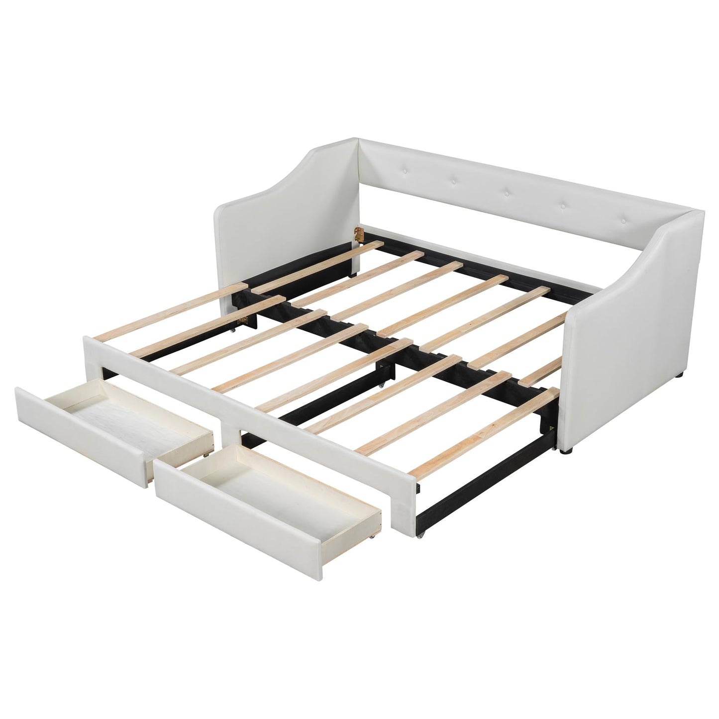 Twin XL to King Size Upholstered Daybed with Linen Fabric, 2 Storage Drawers, Extendable Platform Bed with Foam-Padded Back and Armrests, Sturdy Pine and MDF Frame, Sofa Bed for Users, Beige
