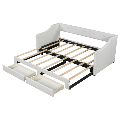 Twin XL to King Size Upholstered Daybed with Linen Fabric, 2 Storage Drawers, Extendable Platform Bed with Foam-Padded Back and Armrests, Sturdy Pine and MDF Frame, Sofa Bed for Users, Beige