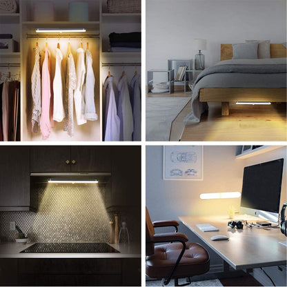 OUSFOT Cabinet Lighting 4 Pieces 20 LEDs Wireless Under Cabinet Light with Motion Sensor USB Rechargeable Battery Wardrobe Lighting Warm White Stick on for Cabinets, Stairs, Kitchen