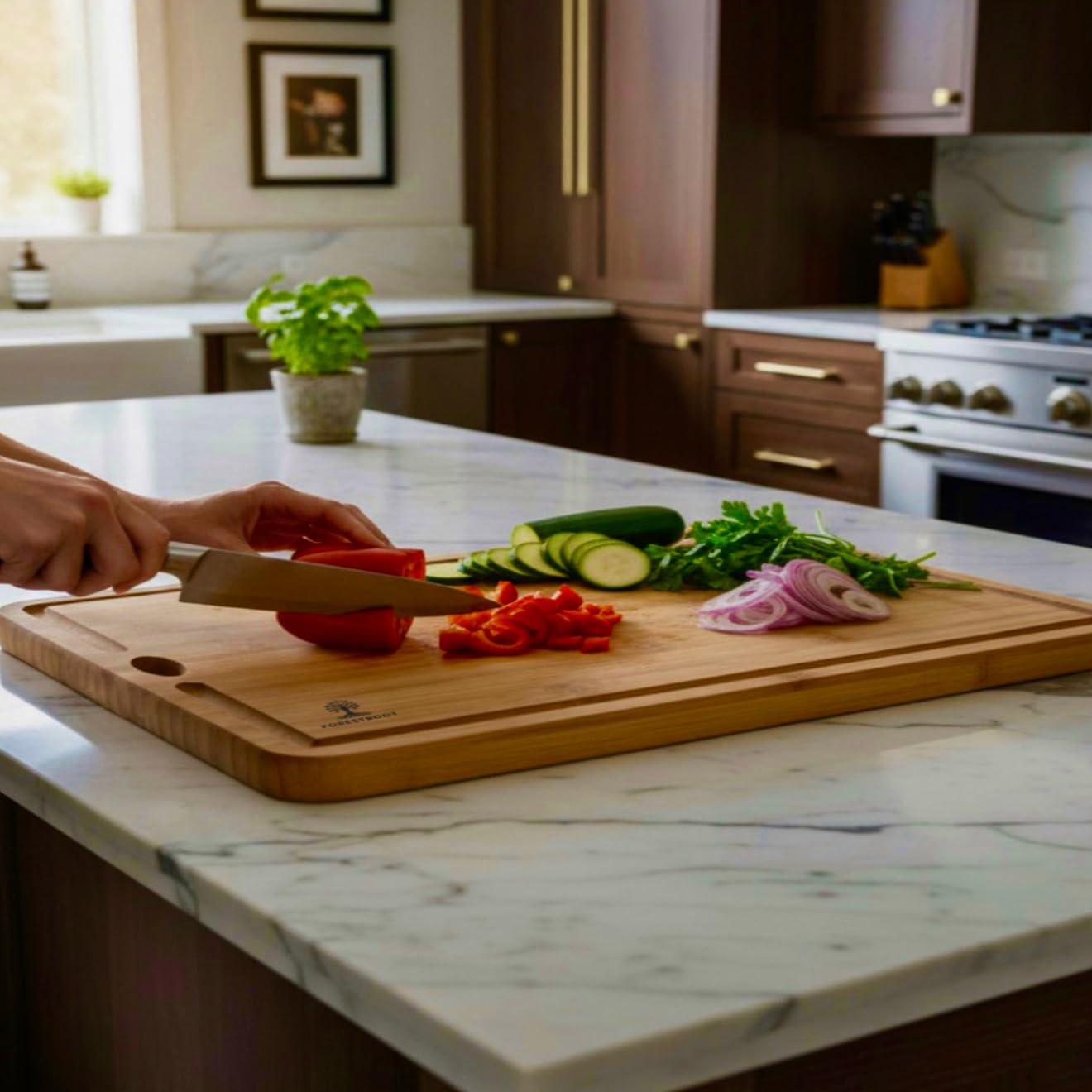 Forestroot Bamboo Cutting Board Set – Durable 3-Piece Carbonized Brown Bamboo Boards with Deep Juice Grooves & Hanging Holes, Eco-Friendly Wooden Cutting Boards for Meat, Vegetables & Fruits