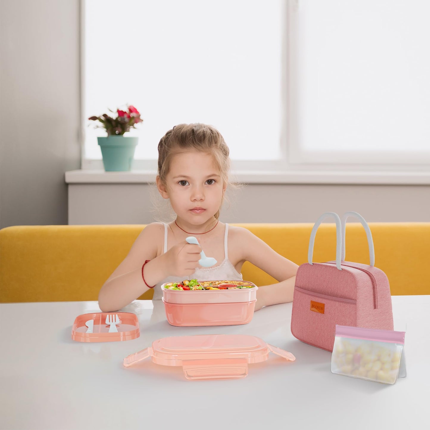 JBGOYON® Bento Lunch Box Set - 3 Stackable Containers for Adults and Kids，lunch box for women- Includes Lunch Bag, Leak-Proof and BPA-Free - Built-in Utensil Set - Dishwasher Safe (Pink)