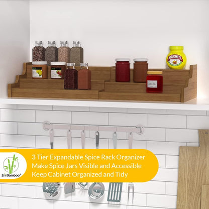 Bamboo Spice Rack Cabinet Organizer, 3 Tier Wooden Expandable Walnut Display Shelf