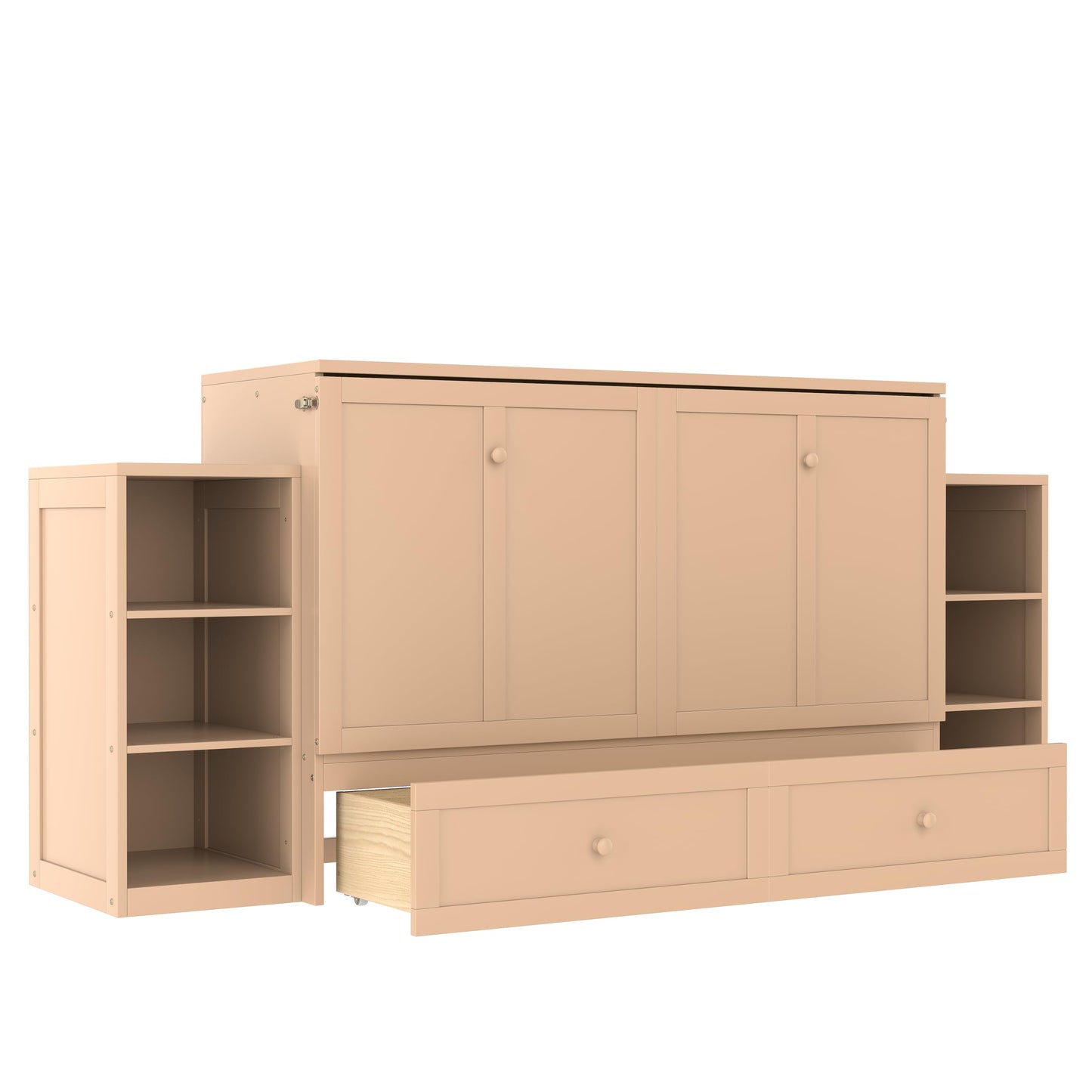 DNYN Pine Wood Murphy Bed Cabinet with Dual Multi-Layers Shelves and 2 Storage Drawers for Guest Room/Home Office, Space-Saving Foldable Bed Frame, No Box Spring Needed