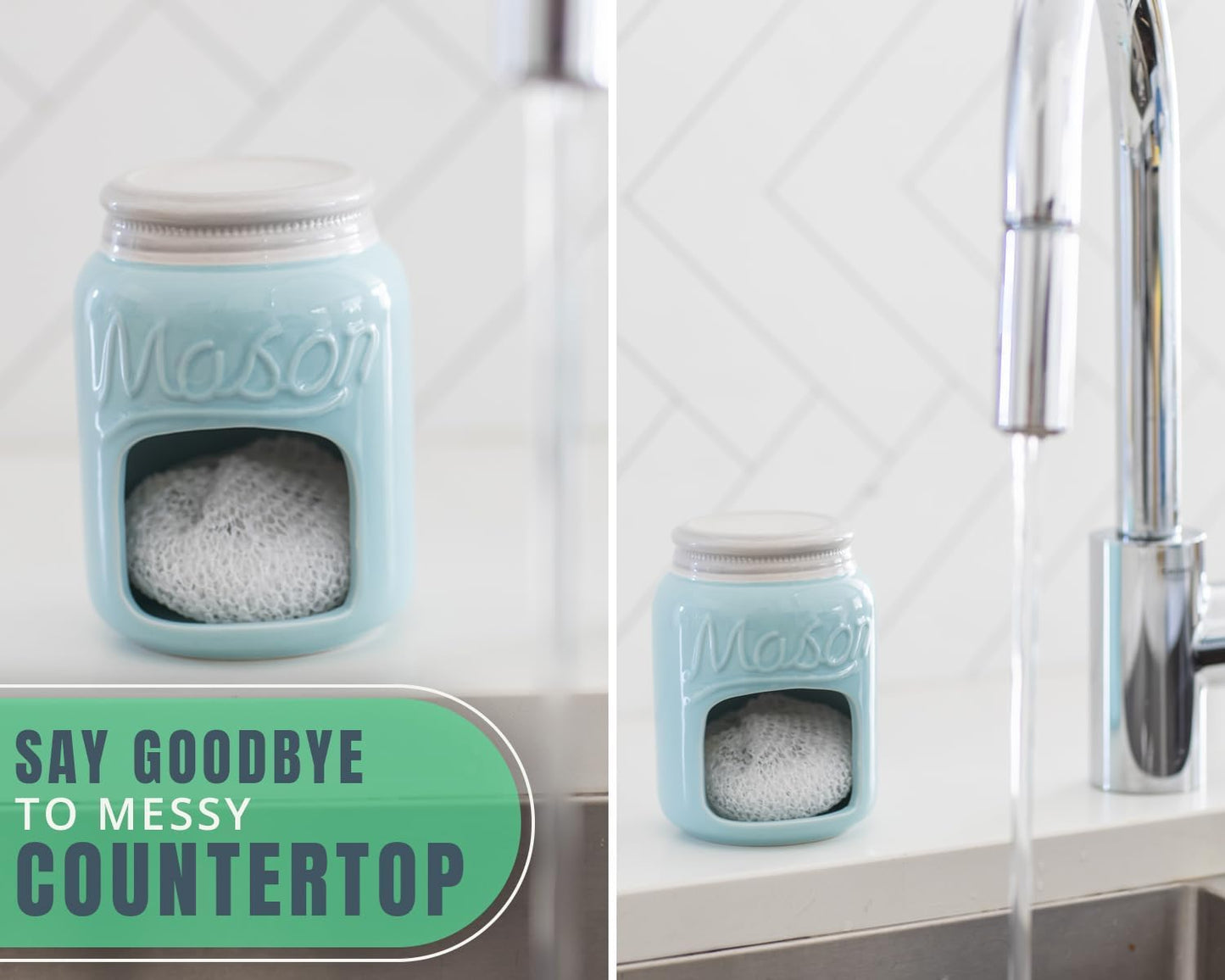 Comfify Ceramic Kitchen Sponge Holder, Farmhouse Style Sink Caddy, Aqua Blue, Includes Free Sponge
