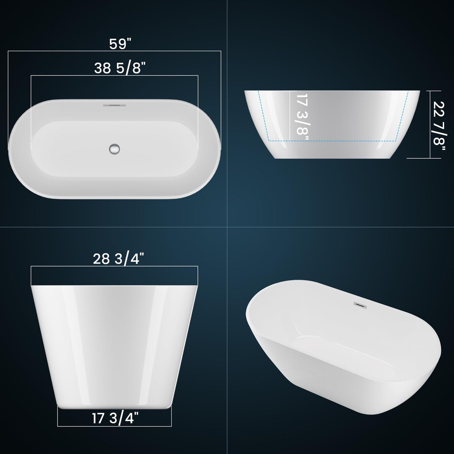 59'' Acrylic Free Standing Soaking Tub, Double-Walled Insulated Freestanding Bathtub with Ergonomic Deep Design, Glossy White, Matte Drain, Black Overflow, cUPC Certified Stand Alone Tub