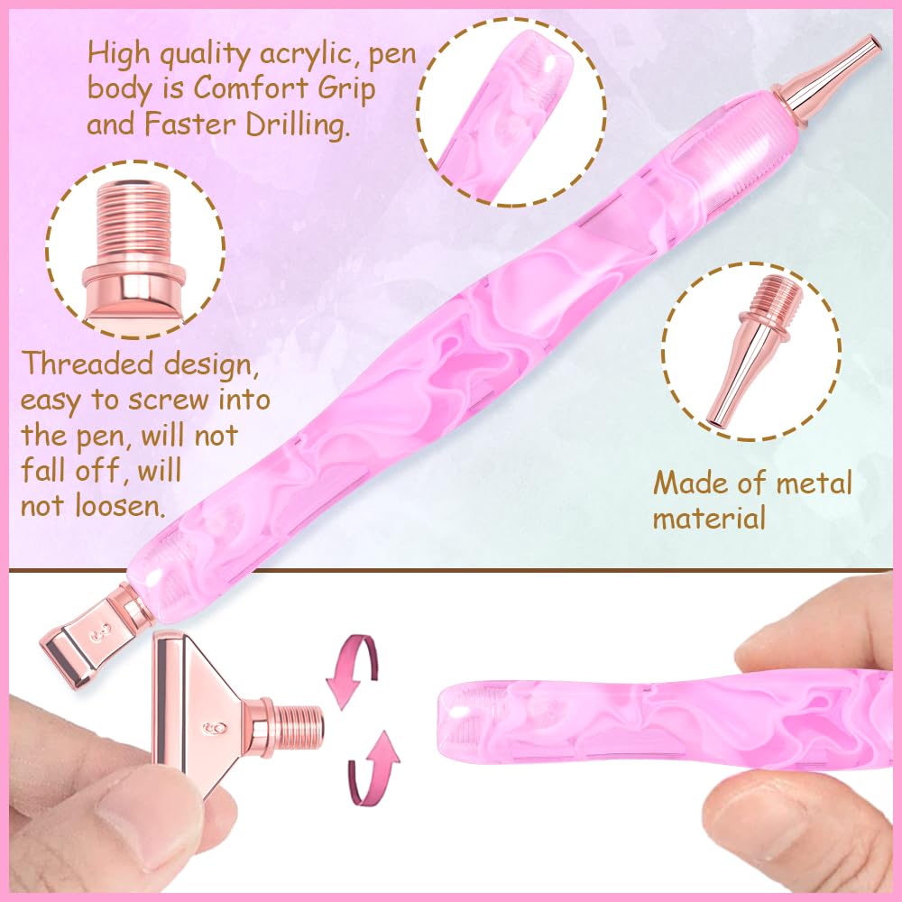 Praise V Do Ergonomic Diamond Painting Art Drill Bead Dot Pen Kit with Screw Steel Silver Metal Tip Nibs Placers Roller Tool Accessories for 5D Diamond Paint Pink