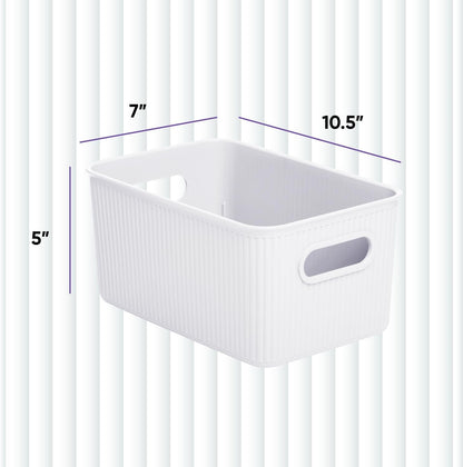 Superio Ribbed Collection - Decorative Plastic Open Home Storage Bins, Medium White (4 Pack) Container Boxes for