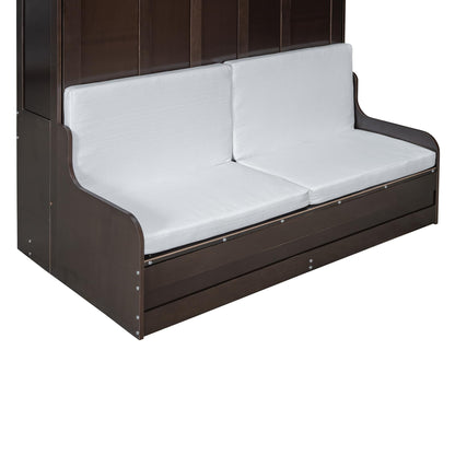 Ball & Cast Murphy Bed Queen Size Wall Bed with Sofa,Wood Murphy Bed,Platform Bedfram Chest can be Folded,Hideaway Cabinet w/Cushion,Space-Saving Furniture for Study,Office,Espresso