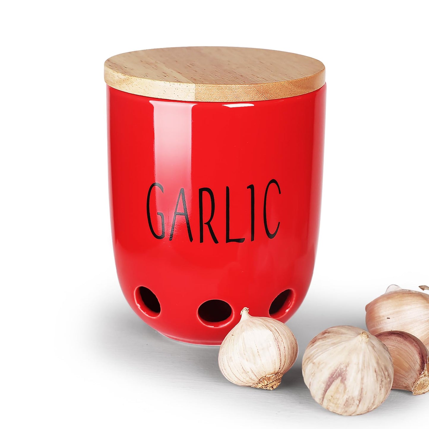 HAOTOP Ceramic Garlic Keeper for Counter, Garlic Saver Container with Wood Lid, Garlic Keeper for Kitchen, Garlic Holder to Keep Your Garlic Cloves Fresh Longer (Red)