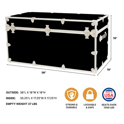 Rhino Trunk & Case Classic XXL Home Storage & College Trunk With Wheels - 36”x18”x18”, Seats 1500+ lbs, Soft-Close Lid. USA Made Secure Dorm Furniture, Organization, Steamer Style Blanket Chest