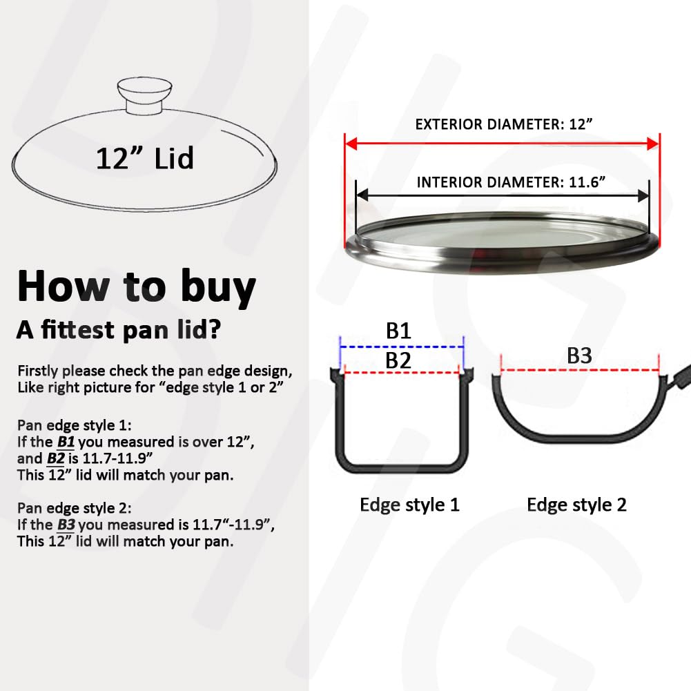 12" Glass Lid for Frying Pan, Tempered Replacement Cover Compatible with All 12 inches Cookware for Skillets, Round Cast Iron, Cast Aluminium, Stainless Steel Pans &Pots