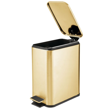 mDesign 1.3 Gallon Rectangular Slim Metal Trash Can w/ Foot Pedal, Easy-Close Lid, Narrow Wastebasket, Garbage Container Bin - Bathroom, Bedroom, Kitchen, Home Office, Removable Liner- Soft Brass