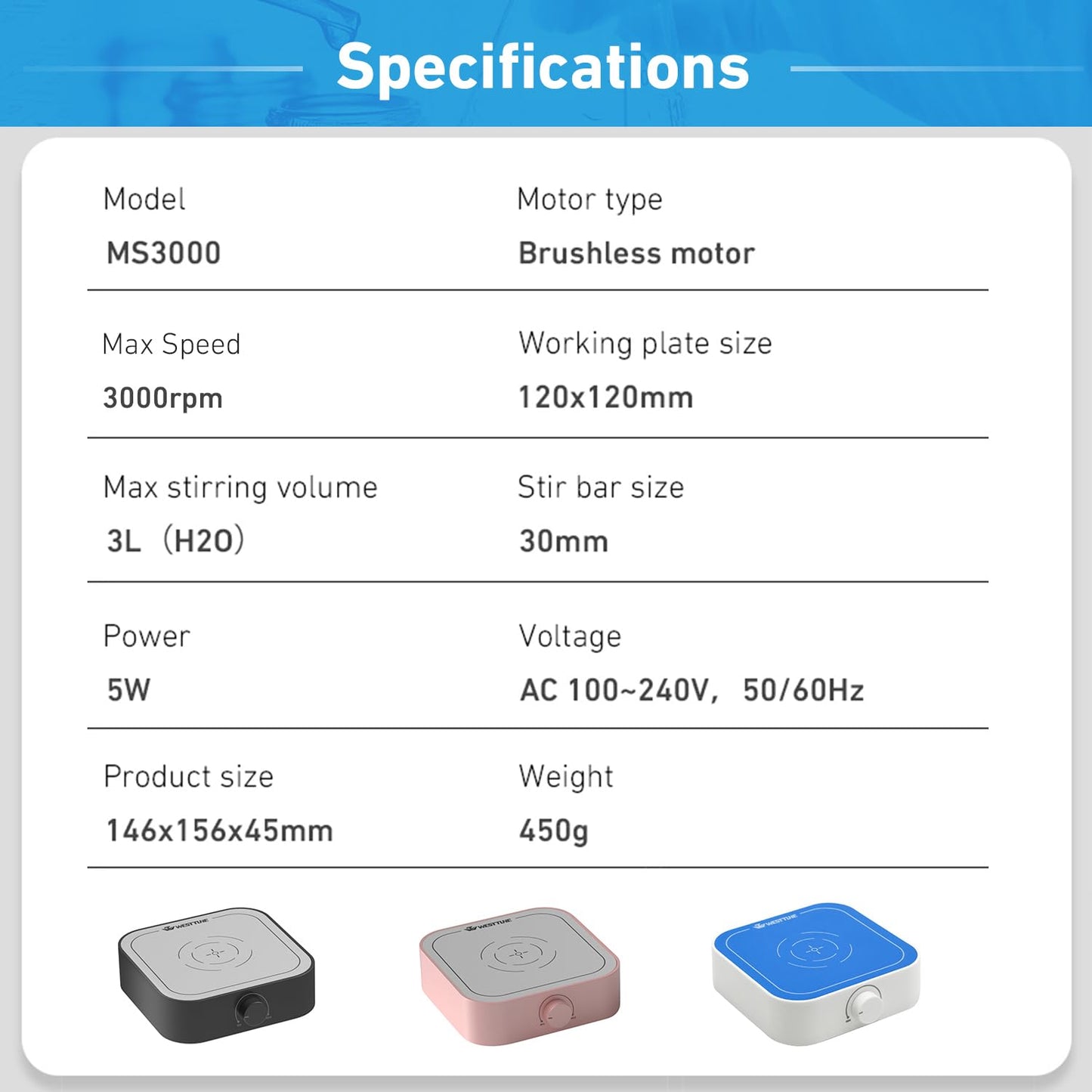 WEST TUNE 3000rpm Magnetic Stirrer Mixer with 7pcs Stir Bar Set, Brushless DC Motor Max 3000ml Electric Magnetic Stir Plate Mixer （No Heating)