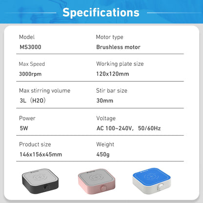 WEST TUNE 3000rpm Magnetic Stirrer Mixer with 7pcs Stir Bar Set, Brushless DC Motor Max 3000ml Electric Magnetic Stir Plate Mixer （No Heating)