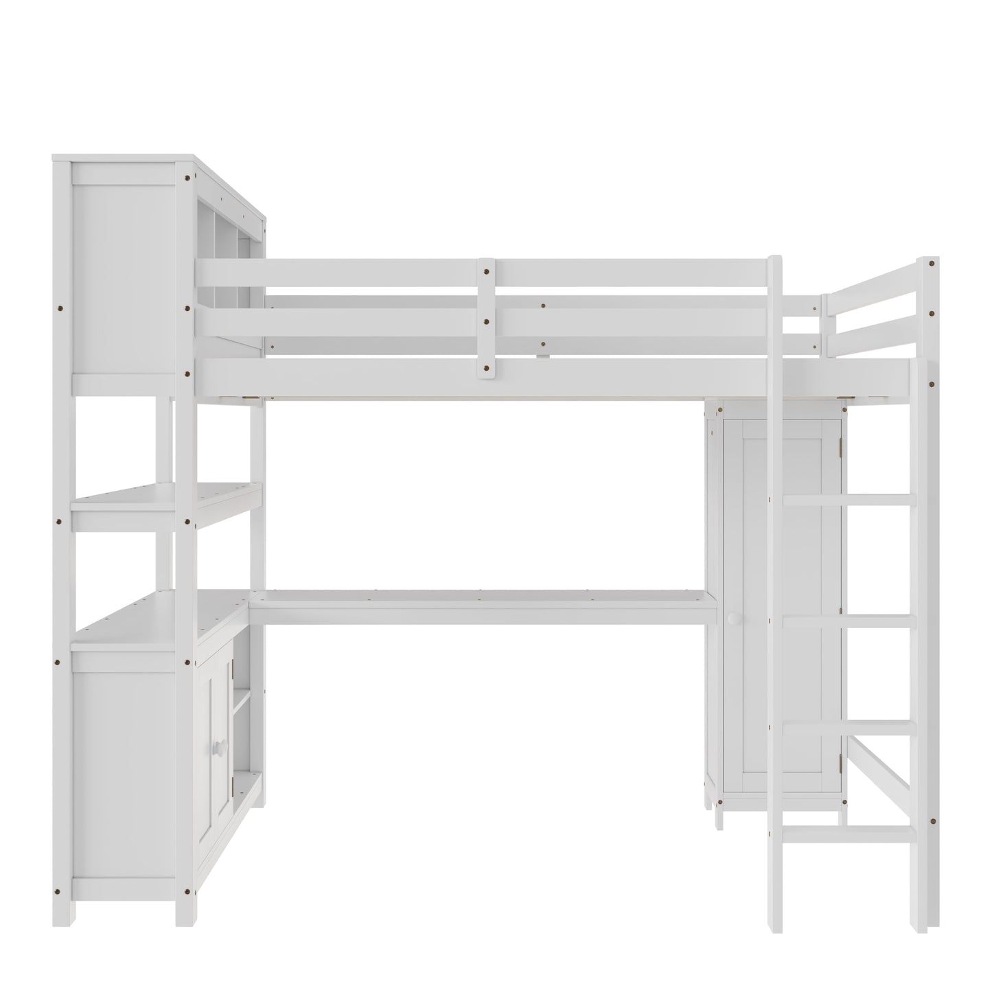 Bellemave Solid Wood Queen Size Loft Bed with Desk and Wardrobe,Loft Bed Frame with Storage Shelves and Bookcase for Kids,Teens,Adults,Queen Size,Space Saving,White
