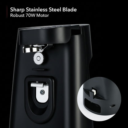 OVENTE 3-in-1 Electric Can Opener, Bottle Opener and Knife Sharpener with Stainless Steel Blade and Easy to Use One-Touch Button, 70W Automatic Multifunctional Kitchen Countertop Tool, Black CAN33B