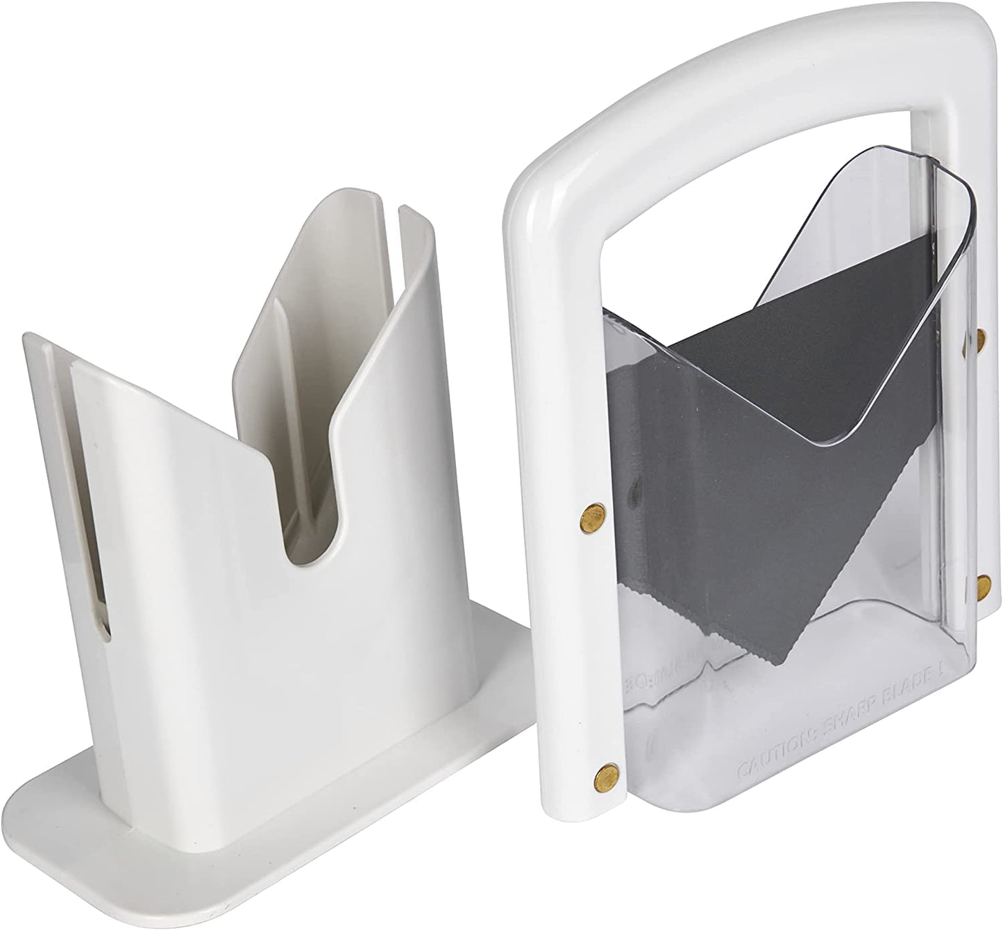Hoan Bagel Biter Slicer and Cutter with Safety Shield - Serrated Blade Cuts Bagels, Muffins, Buns and Rolls - Dishwasher Safe Bagel Guillotine, 9.25 Inches Tall, White