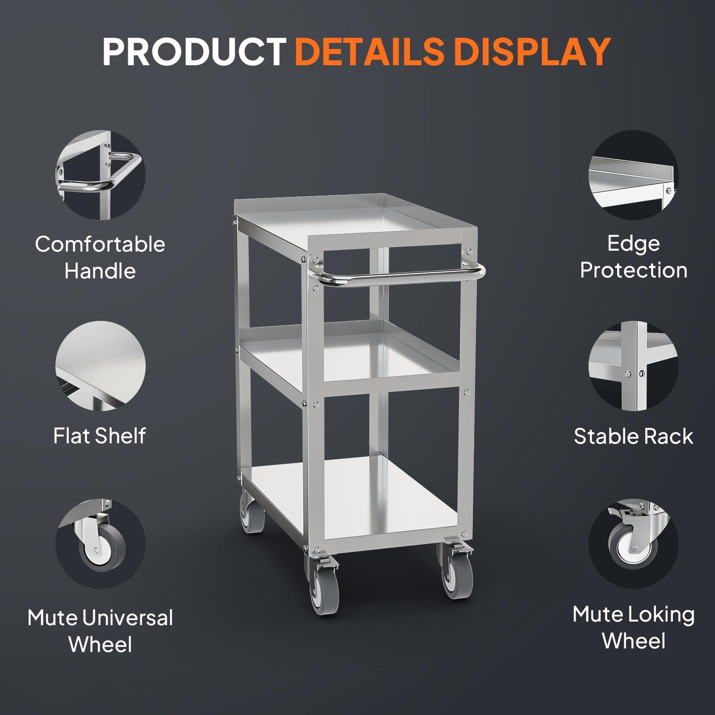 LEADZM 15"L x 24"W x 33"H Utility Rolling Cart on Wheels With Braker, 3-Tier Heavy Duty Commercial Storage Tool Serving Cart With Handle, Stainless Steel for Kitchen Home & Business, Silver