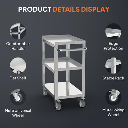 LEADZM 15"L x 24"W x 33"H Utility Rolling Cart on Wheels With Braker, 3-Tier Heavy Duty Commercial Storage Tool Serving Cart With Handle, Stainless Steel for Kitchen Home & Business, Silver