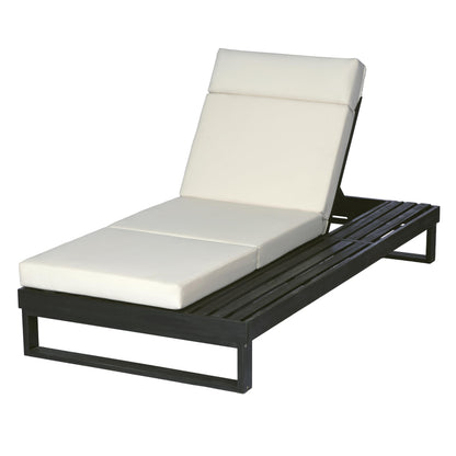 Merax 2 Piece Black Acacia Wood Chaise Lounge with 4-Inch Beige 4-Fold Cushion Set, Adjustable Outdoor Patio Lounger with Flat Side Surface, for Poolside