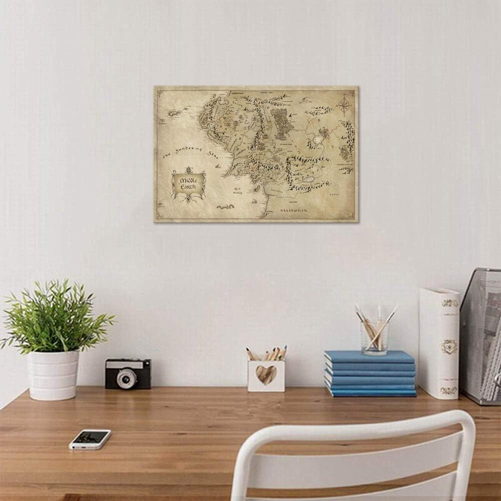 Vinatge Wall Art Picture Canvas Painting Map of Middle Earth by Yatsen Bridge, HD Print, 12" Hx16" W