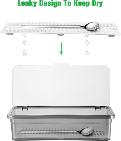 Flatware Tray Kitchen Drawer Organizer with Lid, Plastic Cutlery Tray and Utensil Storage Container with Cover,