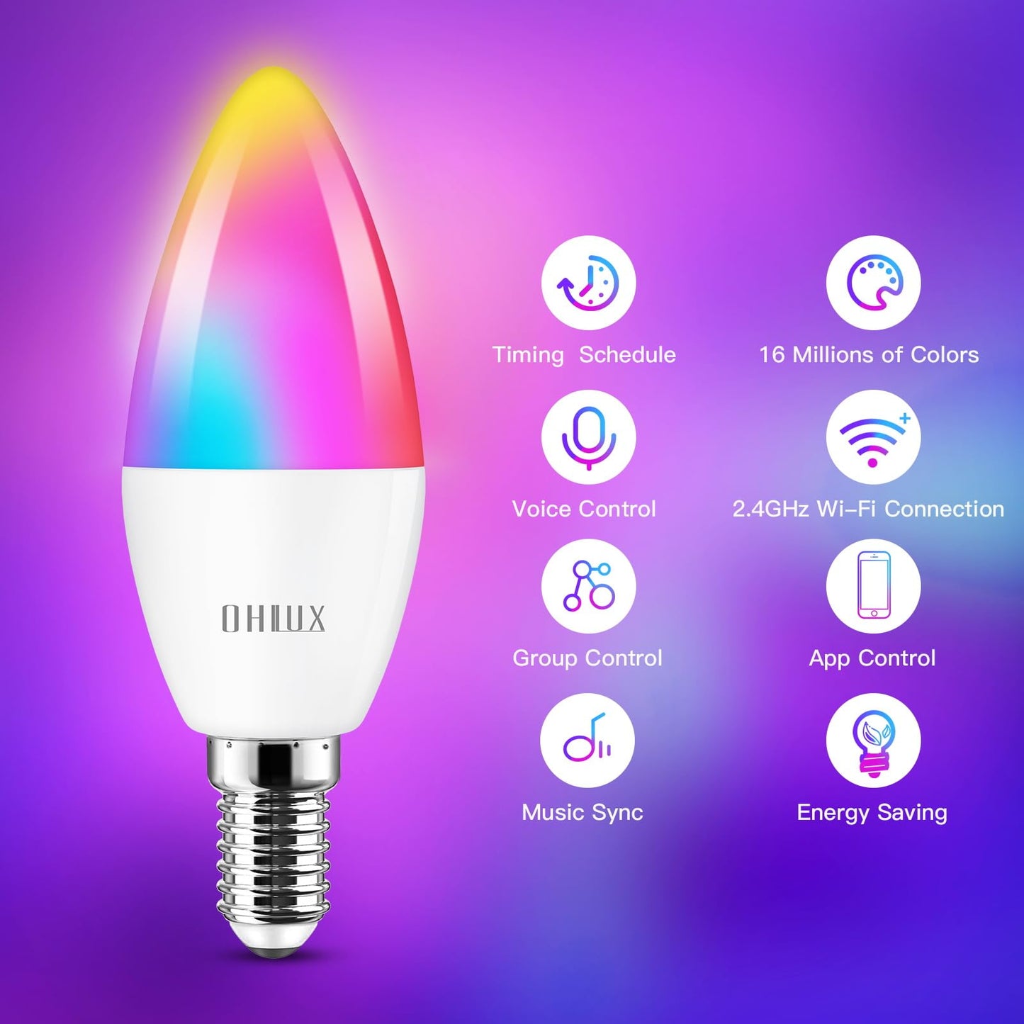 OHLUX 6 Pack E12 Smart Candelabra LED Light Bulbs, Color Changing Compatible with Google Alexa and Smart Life, 4W 40W Equivalent WiFi Candle Bulbs with Remote Control, Timer