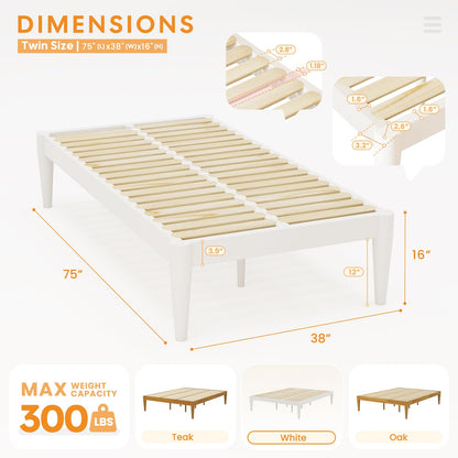 IOTXY Twin Platform Bed Frame - Solid Wood 16-Inch Height Mattress Foundation Base with Densely Slats and Heavy-Duty Support Legs, No Box Spring Needed, White