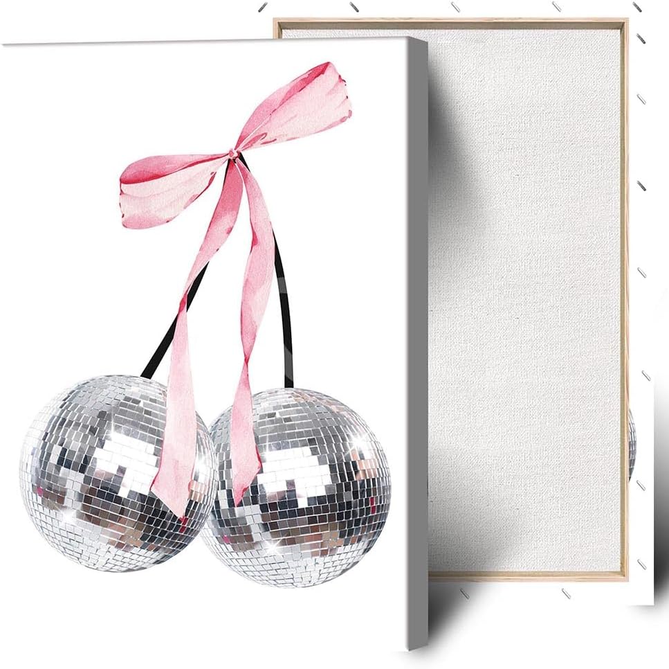 Generic 8x12in Vintage Disco Bow Posters White Cherry Canvas Wall Art Funky Coquette Pink Bow Preppy Aesthetic Prints
