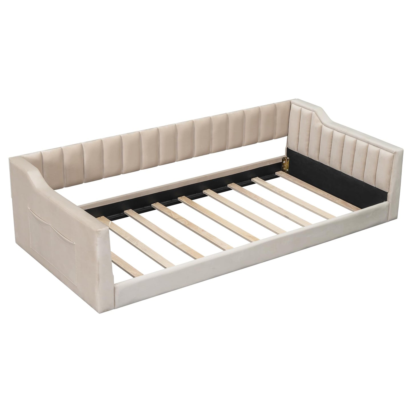 DNYN Twin XL Upholstered Daybed with Storage Pocket for Kids,Adults,Pinewood Bedframe w/Wood Slat Support,Easy Assembly & No Box Spring Needed, Beige