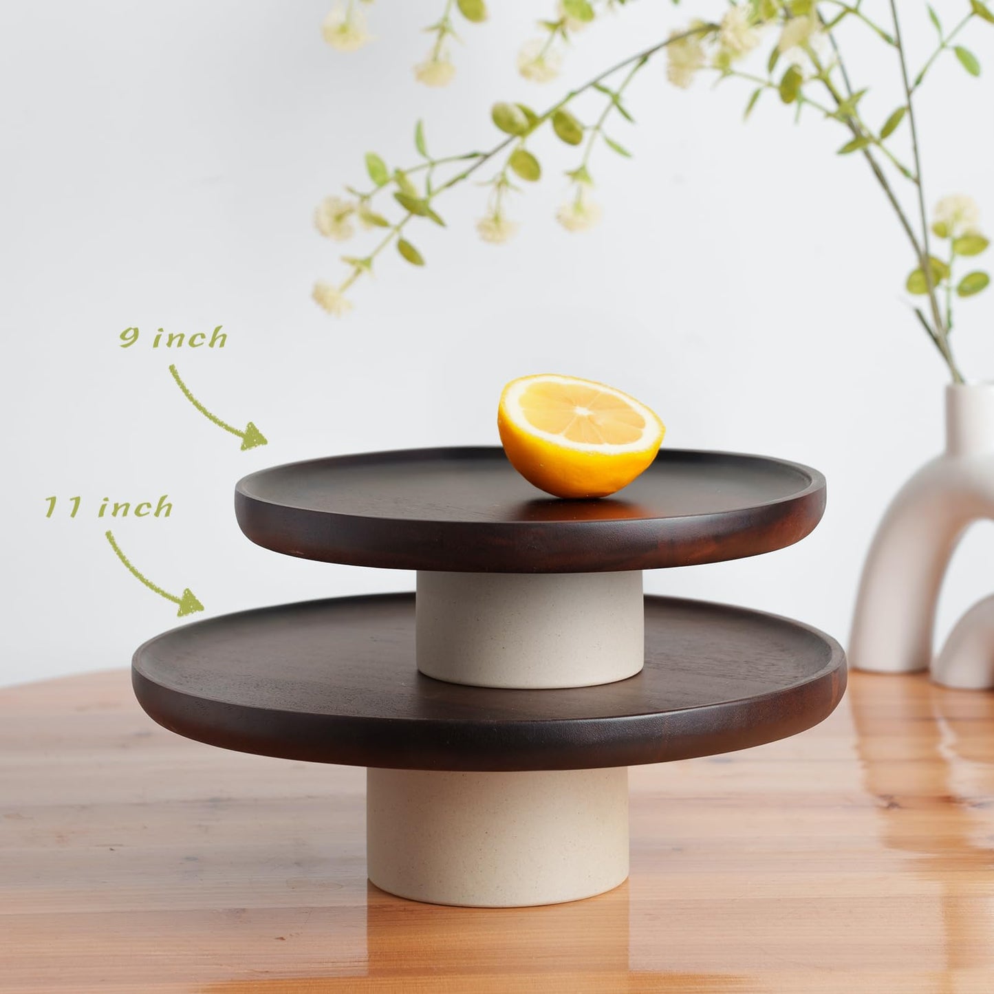 CEEFU 11 inch Rustic Acacia Wood Cake Stand - Natural Wooden Clay Wedding Cake Pedestal Serving Stand for Cupcake Dessert Bites Display in Party, Birthday, Beautiful Farmhouse Kitchen Decor