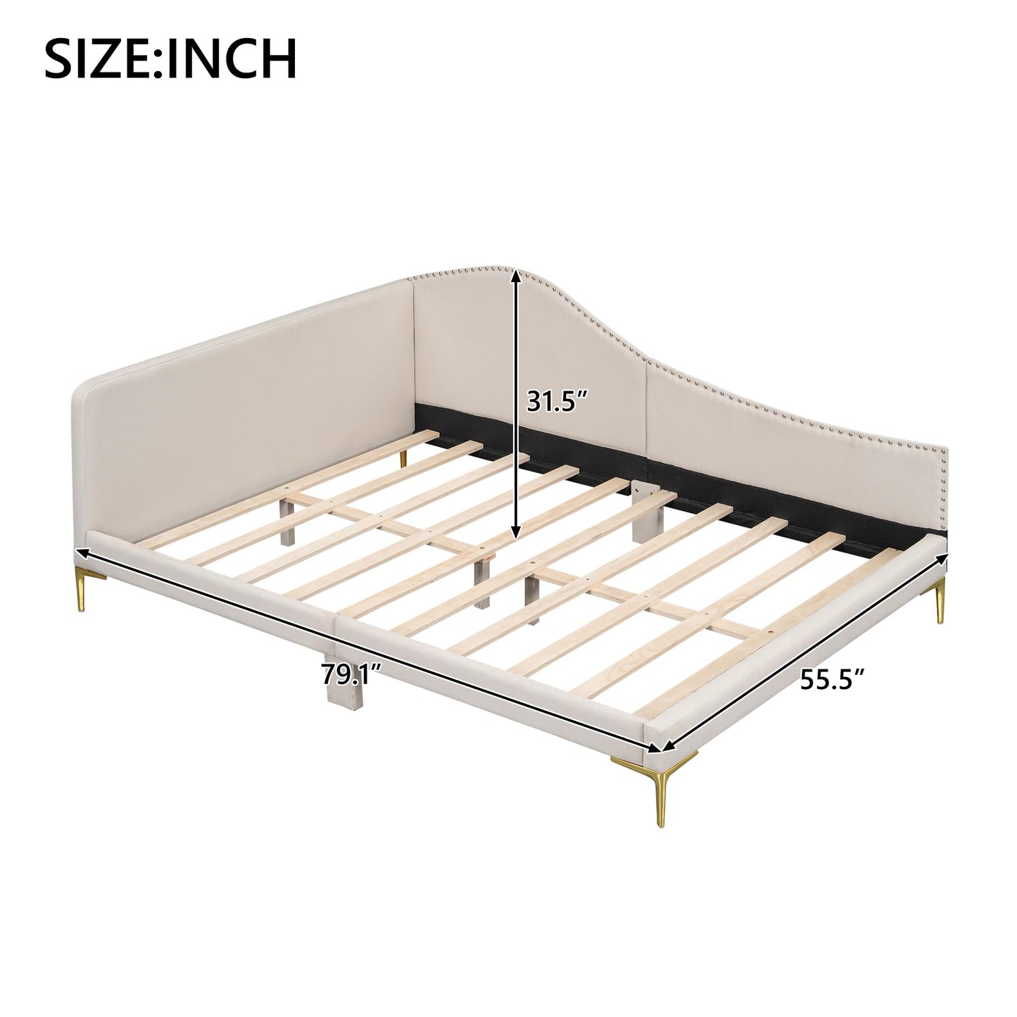 Full Size Upholstered Daybed with Headboard and Armrest, Linen-Finish Bed with Support Legs, Modern Sofa Bed for Guest Rooms, Studio Apartments, or Living Spaces, Sturdy Pine Wood Frame, Beige