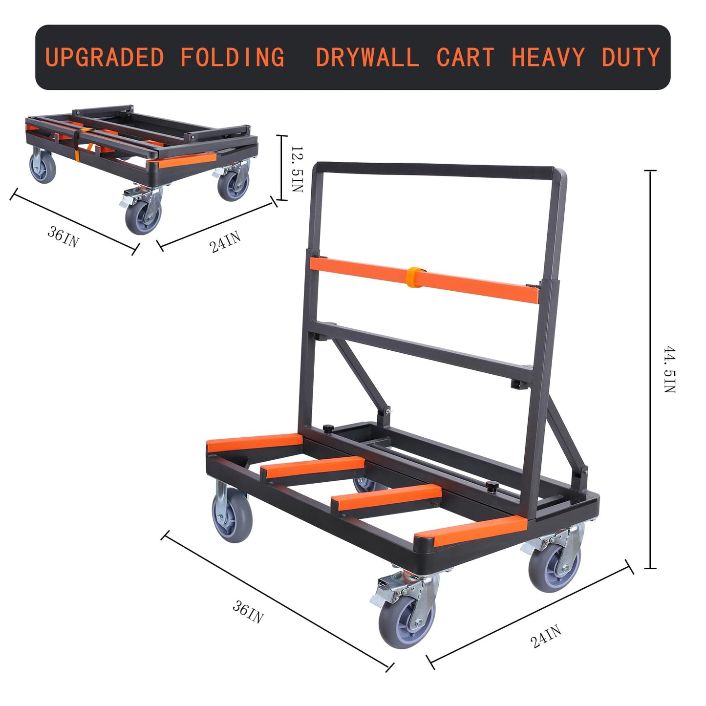 Folding Drywall Cart Heavy Duty,Panel Cart Load 2200 lbs Capacity,Drywall Dolly with Rubber Swivel Casters,Panel Dolly Handling Plywood Sheetrock Glass and Windows Service