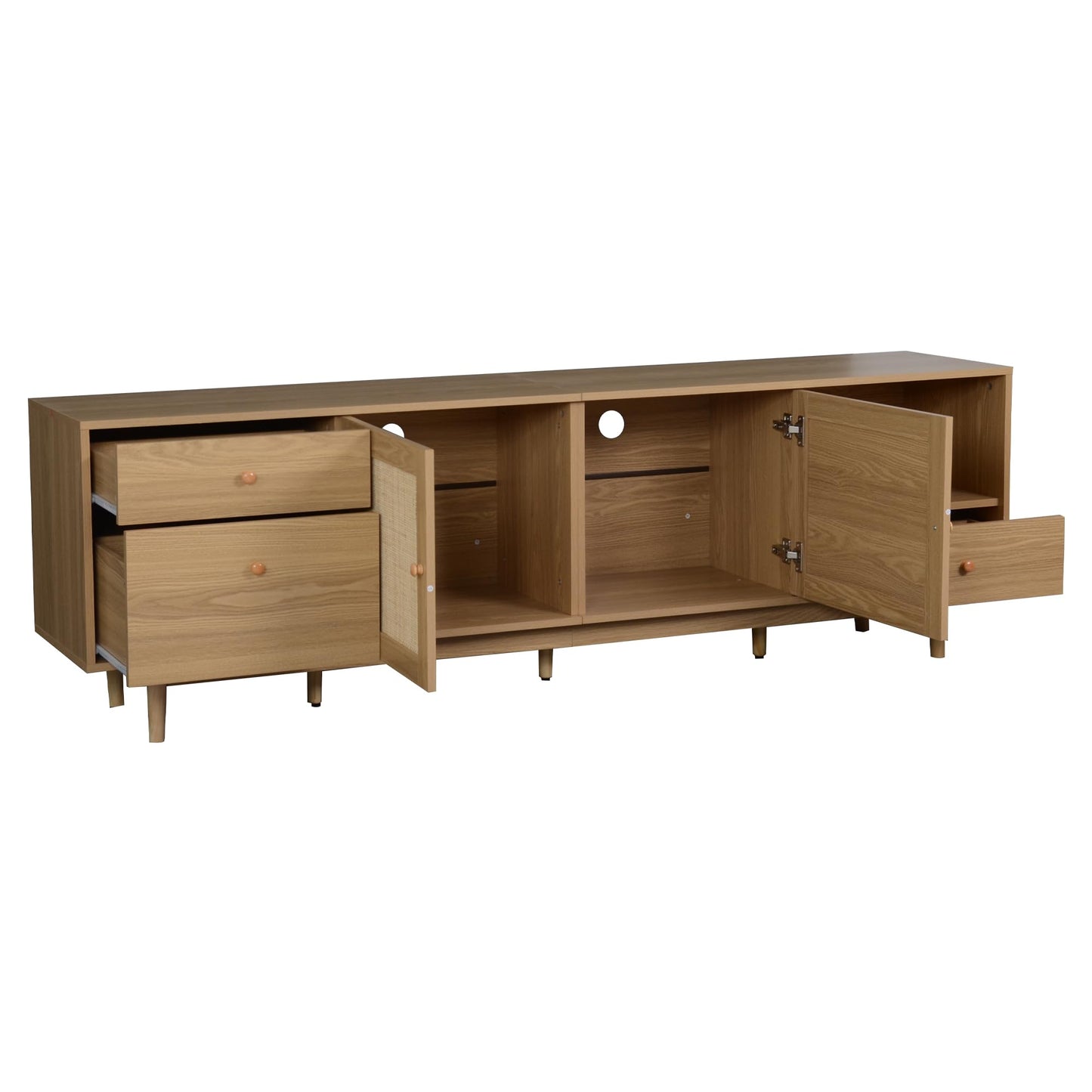 Ball & Cast 76" Boho TV Stand for TVs up to 85", Media Console with Real Rattan Doors, Open Shelf, 3 Drawers & 2 Cabinets, Natural Wood Grain Entertainment Center w/Solid Wood Legs for Living Room