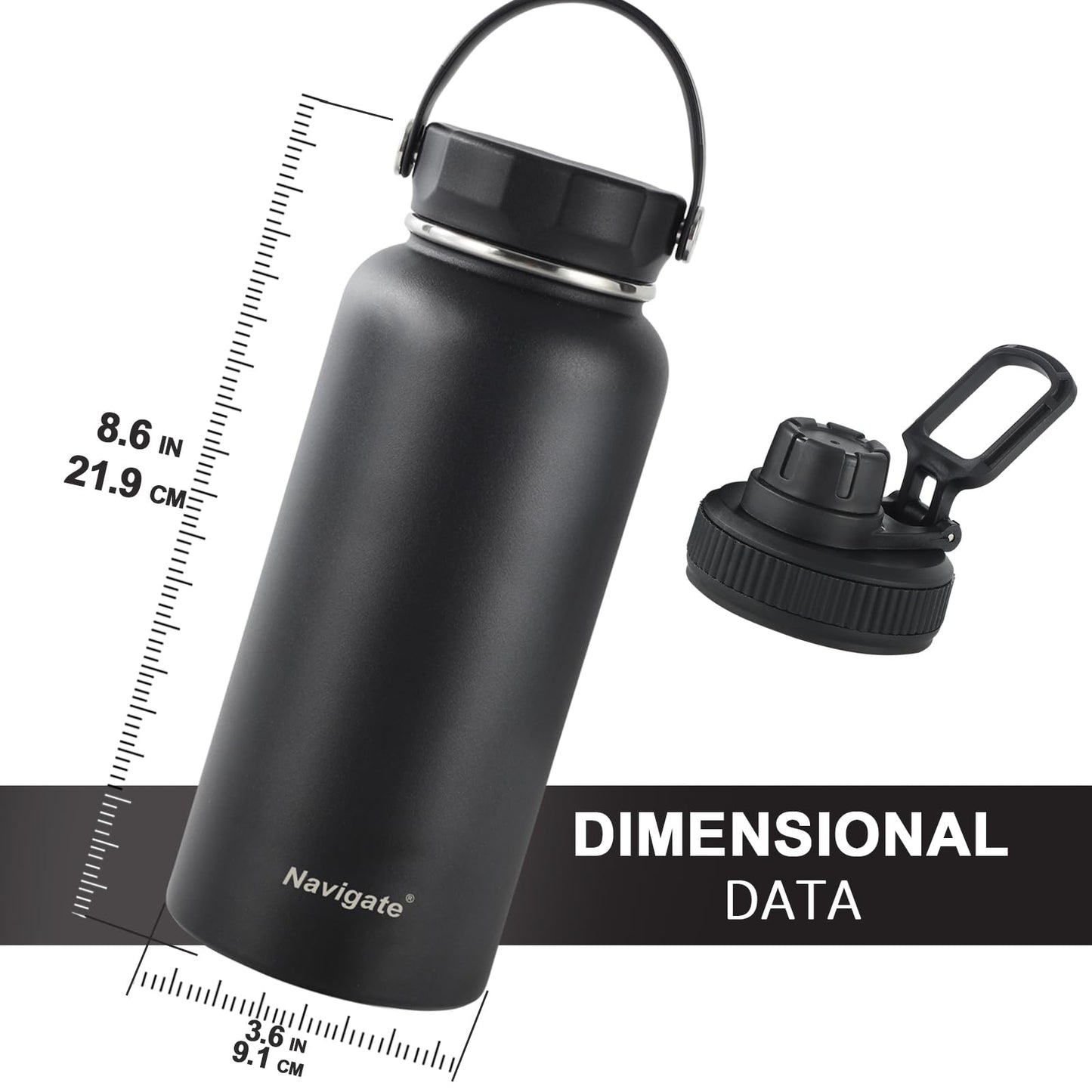 Navigate 32 oz Insulated Stainless Steel Sports Water Bottle with Spout & Handle Lids,Wide Mouth Water Jug with Double Walled Leak Proof Keep Cold for 24 Hrs Hot for 12 Hrs,Black