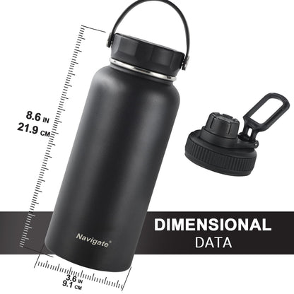 Navigate 32 oz Insulated Stainless Steel Sports Water Bottle with Spout & Handle Lids,Wide Mouth Water Jug with Double Walled Leak Proof Keep Cold for 24 Hrs Hot for 12 Hrs,Black