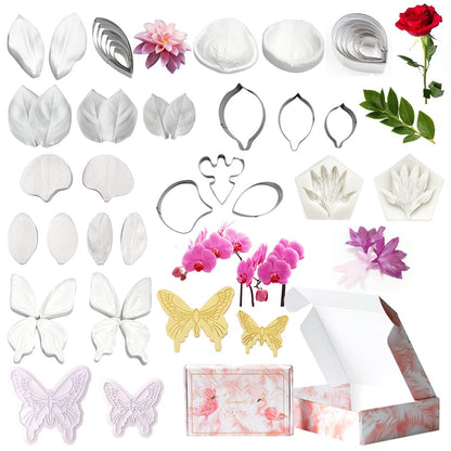 AK ART KITCHENWARE Silicone Veiner Stainless Steel Fondant Cutter Set for Gum Paste Flower Leaf Sugar Craft Tools Cake Decorating Supplies Silicone Veining Molds Moulds for Wedding with Christmas Box