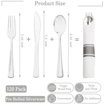 Supernal 120pack Silver Plastic Silverware,Rolled Plastic Silverware,Pre Rolled Napkins with Cutlery Set,Wrapped Disposable Cutlery Set with Napkin Perfect for Mother's Day, Birthday, Wedding,Catering