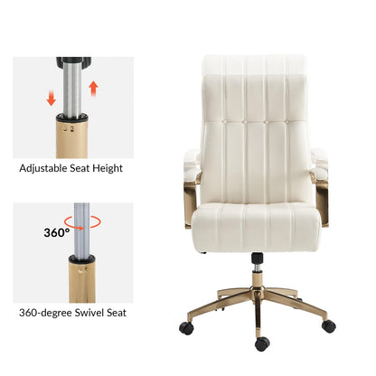 HULALA HOME Modern Executive Office Chair, Faux Leather Tufted Ergonomic Desk Chair with Gold Plated Base & Armrests, 360° Swivel Adjustable Height Tilt Home Office Chair for Work/Study