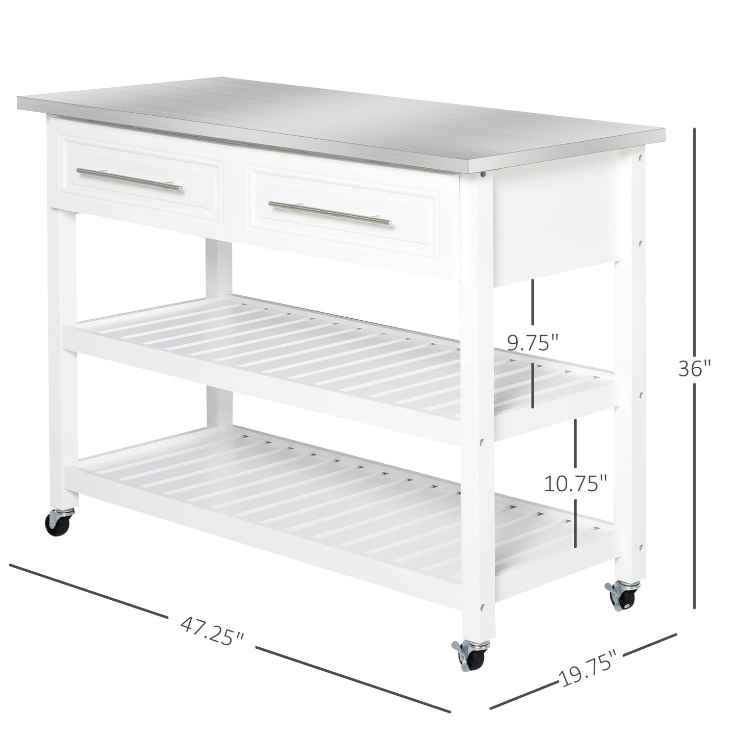 HOMCOM Kitchen Island with Stainless Steel Top, Traditional Kitchen Island with Storage, Butcher Block Cart 2-Tier Open Shelves, Drawers, White