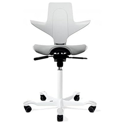 HAG Capisco Puls Adjustable Sit to Stand Desk Chair-White Frame-Blue Plastic-Blue Partial Cushion with Footring