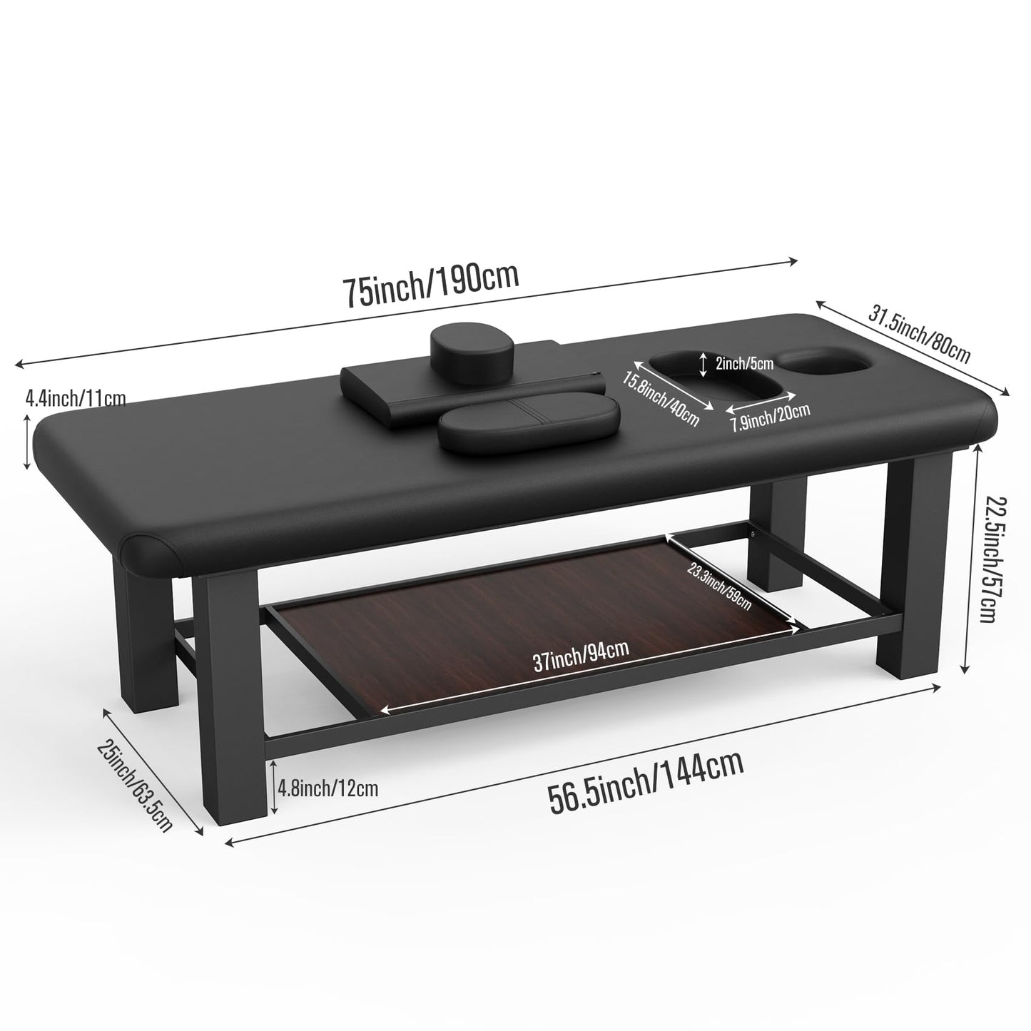 Ufurpie Professional Heavy-Duty Stationary Massage Table, Fixed Backrest Wide Exam Table, Metal Frame Treatment Bed for Spa Facial Salon Physical Therapy, Luxury PU Leather, Black, 31.5'' W × 75'' L