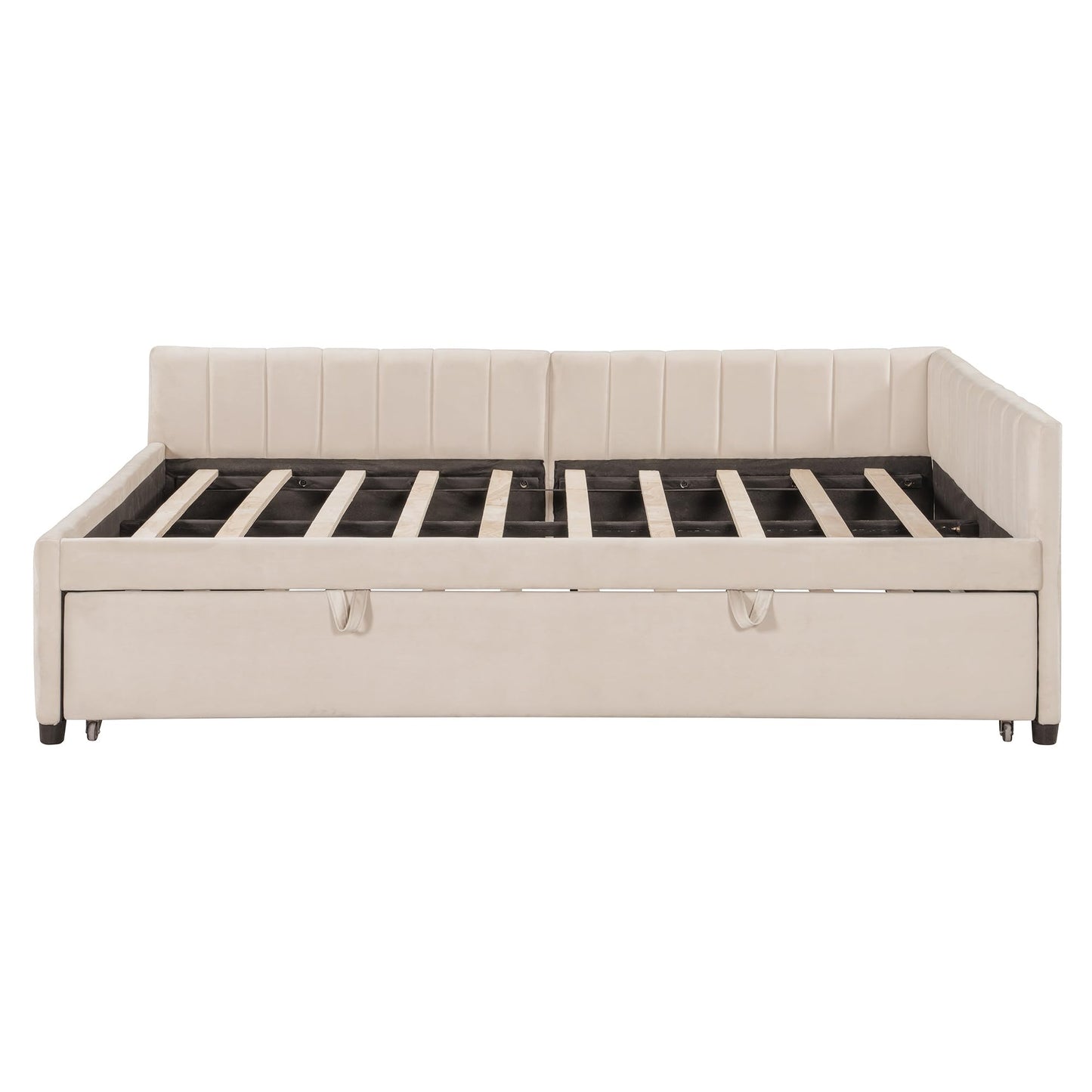 GDFStudio Full Size Upholstered L-Shaped Daybed with Pop Up Trundle, Vertical Stripe Design, Padded Backrest, No Box Spring Needed, Beige
