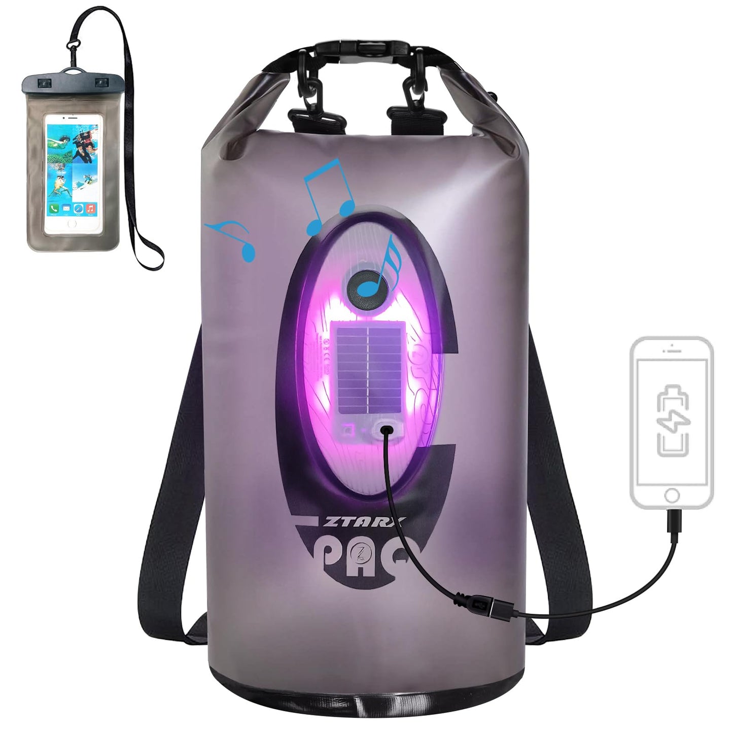 Qoolife Dry Bag Waterproof with Solar Bluetooth Speaker & Light - 20L Roll Top Dry Sack Keeps Gear Dry for Men Women Kayaking, Beach, Rafting, Boating, Hiking, Camping and Fishing