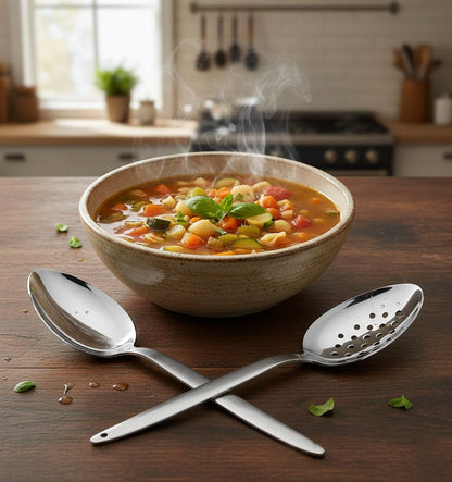 BNAZIND Kunz Perforated and Regular Set | Pack of 2 | 9 Inch 18/10 Stainless Steel Cooking Serving Spoon | Daily Chef, Basting, Quenelle, Saucing, Plating Spoon | Dishwasher safe
