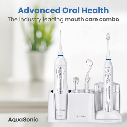 AquaSonic Home Dental Center Rechargeable Power Toothbrush & Smart Water Flosser - Complete Family Oral Care System - 10 Attachments and Tips Included - Various Modes & Timers (Black)