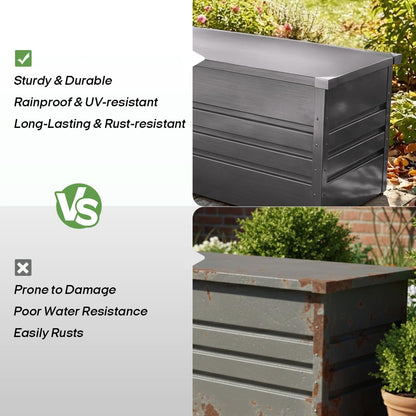 FammyLoft 260 Gallon Waterproof Outdoor Storage Box, Extra Large Outside Metal Deck Storage Box for Patio Cushions, Garden Tools, Pool Supplies, Light Gray