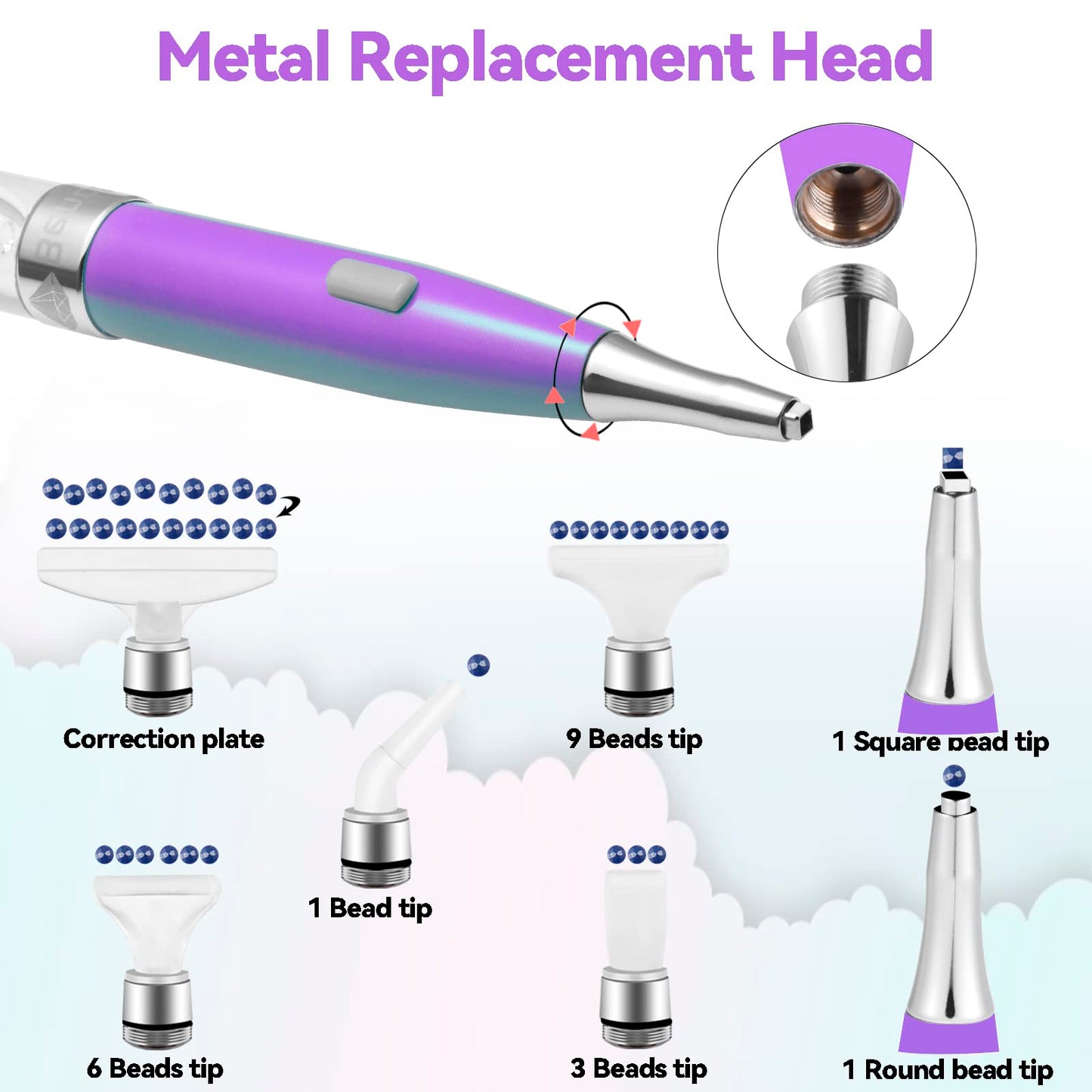 Benote Diamond Art Painting Drill Pen 2.0 with Metal Sticky Tips, Diamond & Painting Accessories, Replacement Pen Heads & Wax - B7 Purple