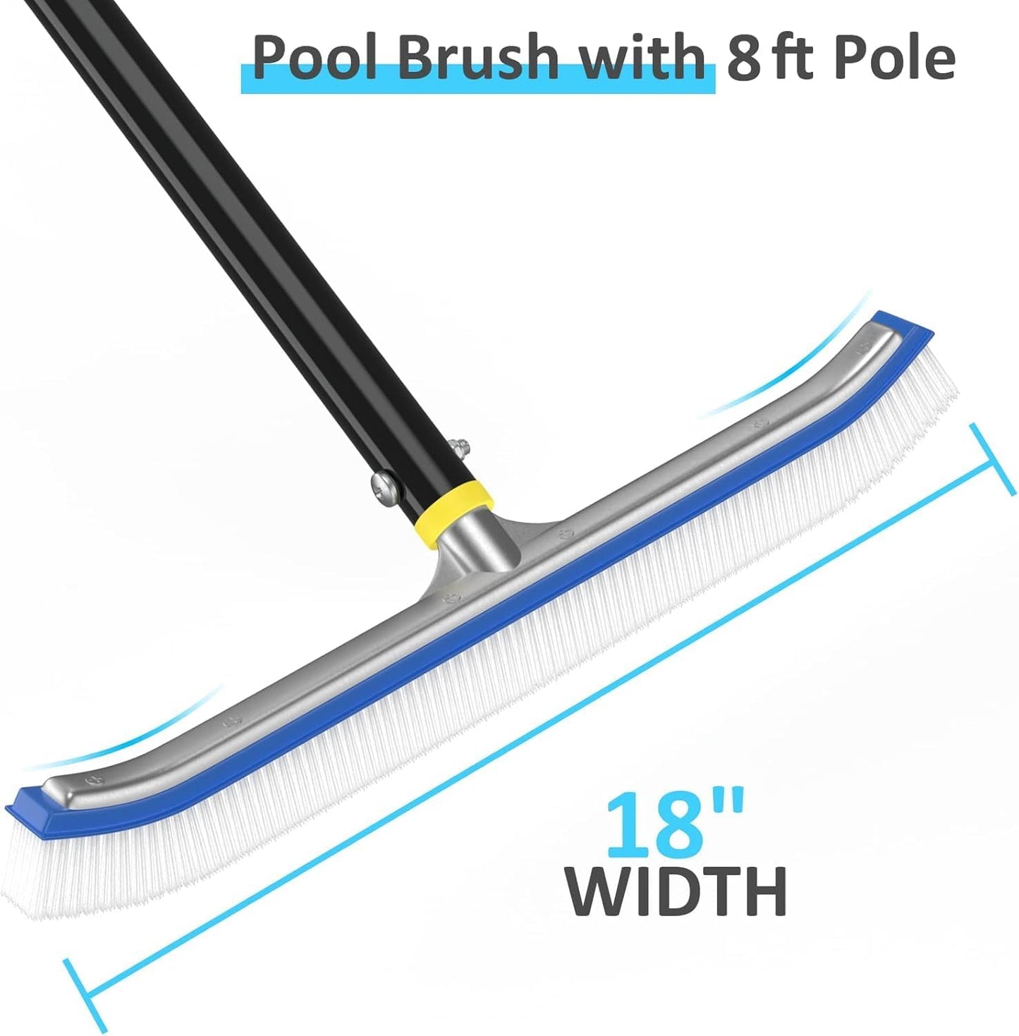 4ft 8ft 18" Swimming Pool Brush with Pole, - Pool Brush Head for Above Ground, Inground Pools, Cleaning Scrubber Tools